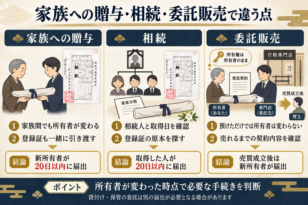 日本刀の家族への贈与・相続・委託販売における所有者変更と届出の違いを示す比較図