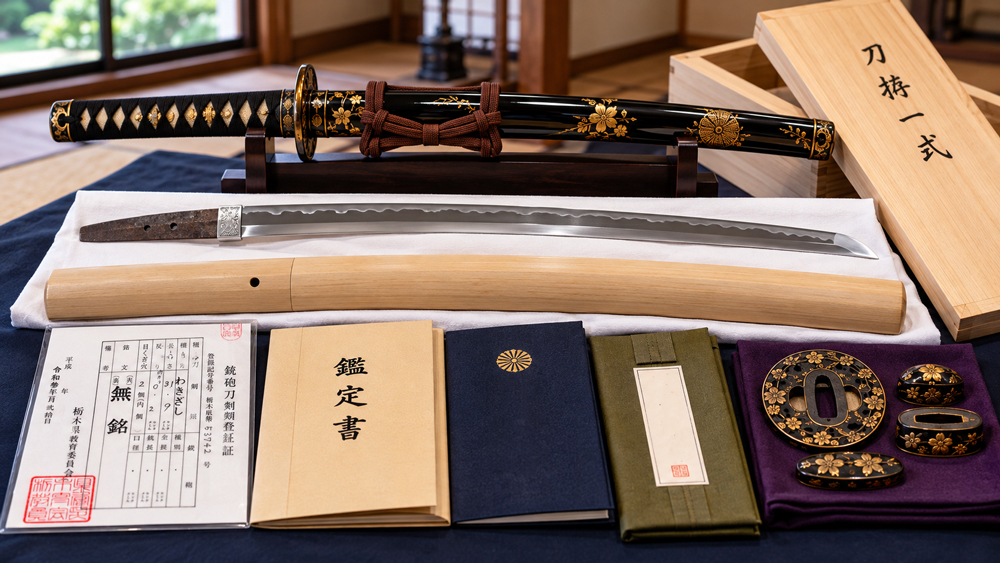 日本刀の売却前に銃砲刀剣類登録証や鑑定書、白鞘、拵、桐箱などの付属品を確認するイメージ。