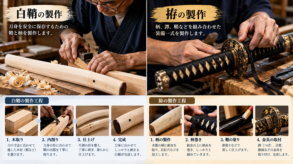 日本刀の白鞘と拵を職人が製作する工程のイメージ