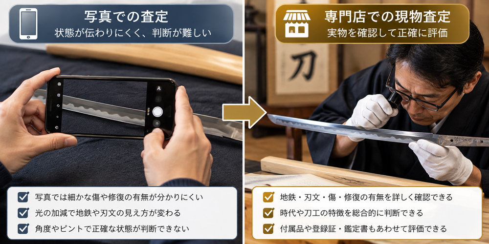 折れや欠けのある日本刀は写真だけでなく現物確認が重要であることを示すイメージ