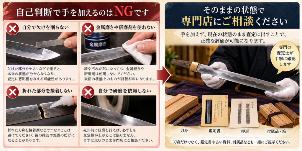 折れや欠けのある日本刀を自分で削ったり磨いたりせず専門店へ相談する注意点