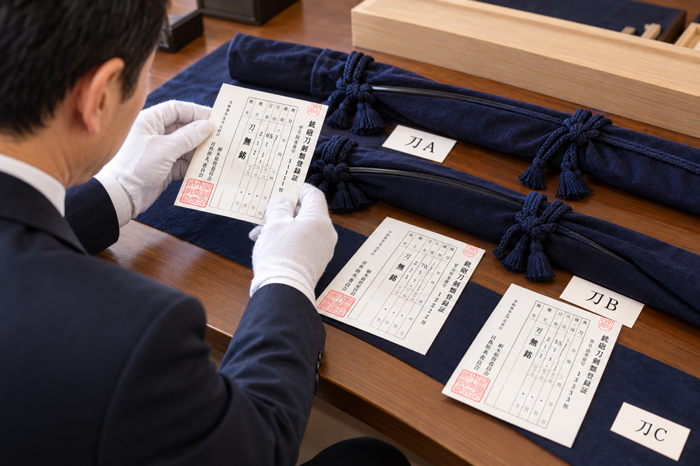 日本刀と銃砲刀剣類登録証の記載内容を照合するイメージ