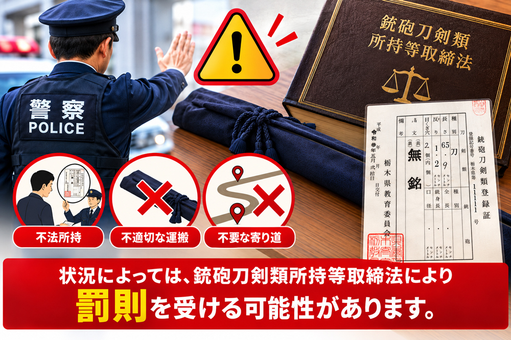 日本刀の運搬に関する法律と罰則を確認するイメージ