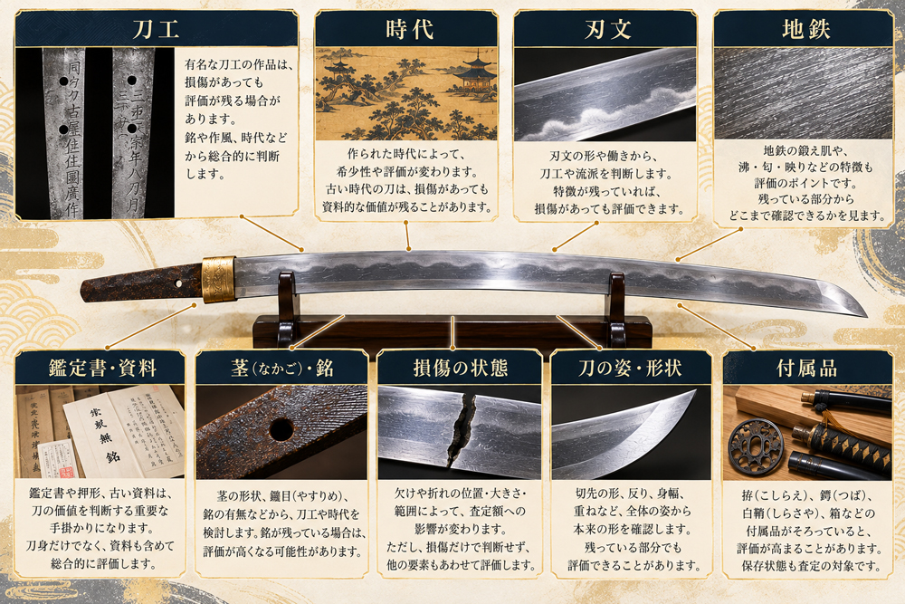 日本刀の査定額が損傷だけでなく刀工や時代など複数の要素で決まるイメージ