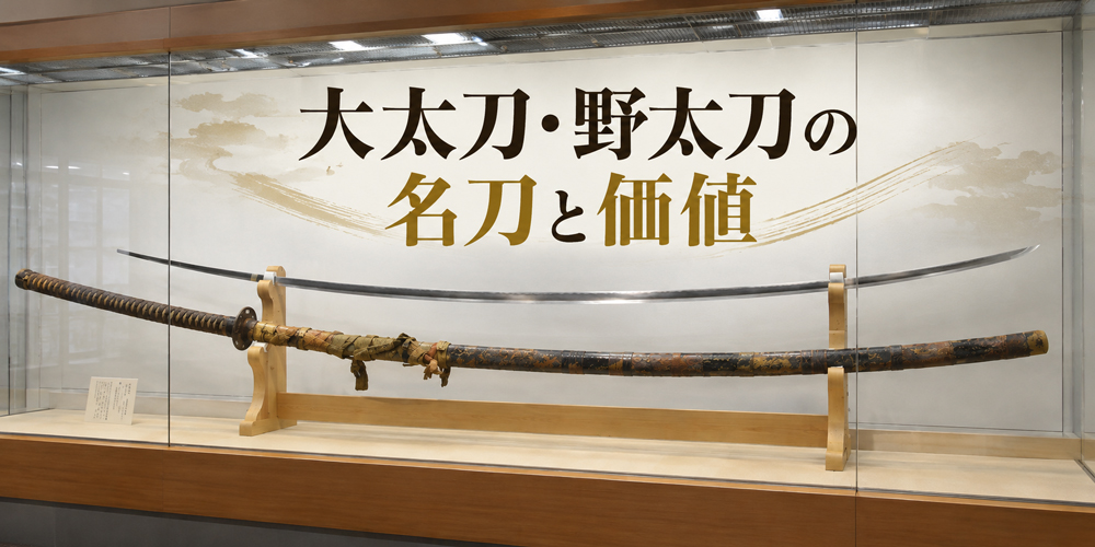 大太刀・野太刀の名刀と価値を解説する、展示ケースに収められた長大な日本刀のイメージ