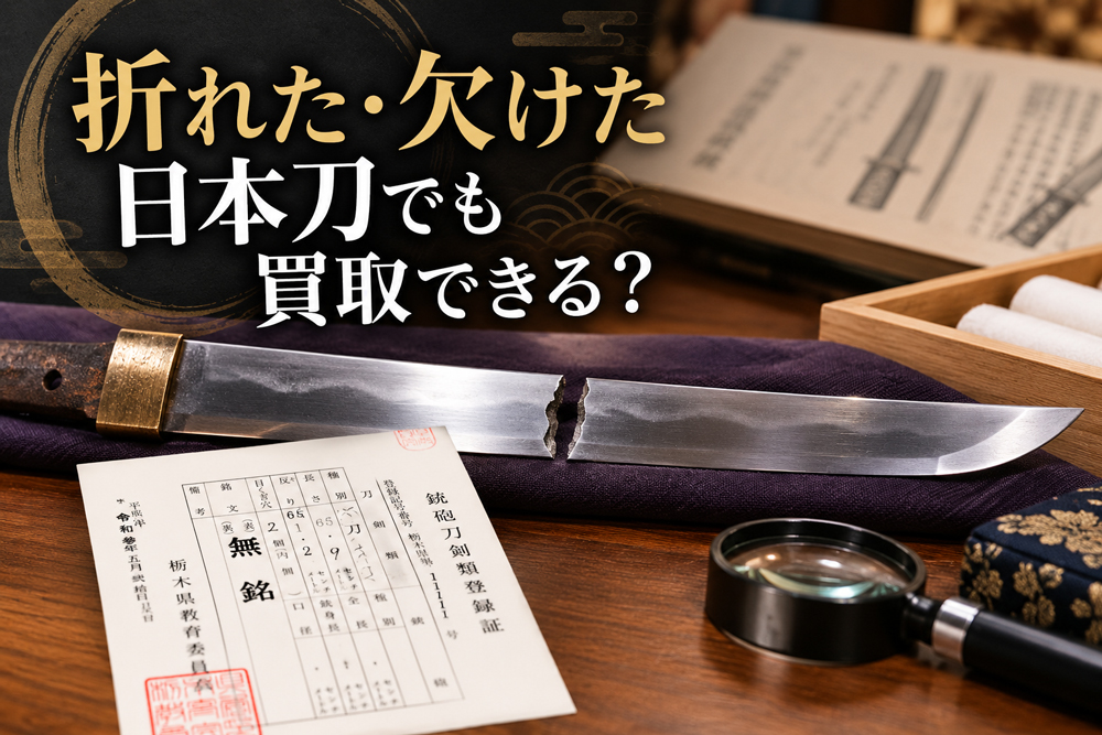 折れた日本刀と銃砲刀剣類登録証を並べて査定のポイントを示すイメージ