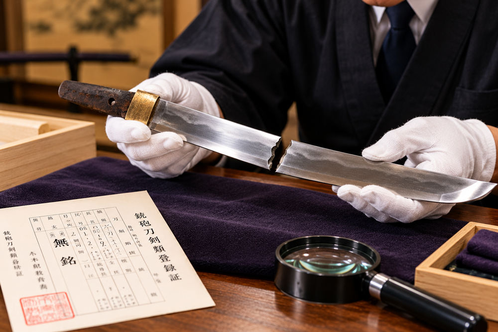 折れた日本刀の刀身や茎を専門店が確認して査定するイメージ