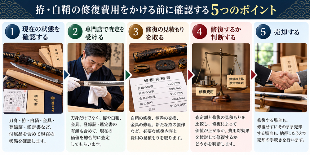 日本刀の拵や白鞘を修復する前に費用対効果を確認する流れ