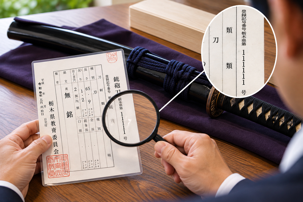 日本刀の運搬時に銃砲刀剣類登録証と登録番号を確認するイメージ