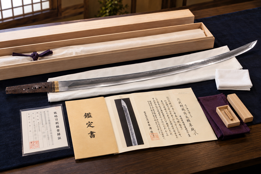 大太刀の売却前に銃砲刀剣類登録証や鑑定書、付属品を確認するイメージ