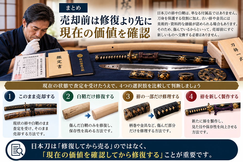 日本刀の拵や白鞘を修復する前に費用対効果を確認する流れ