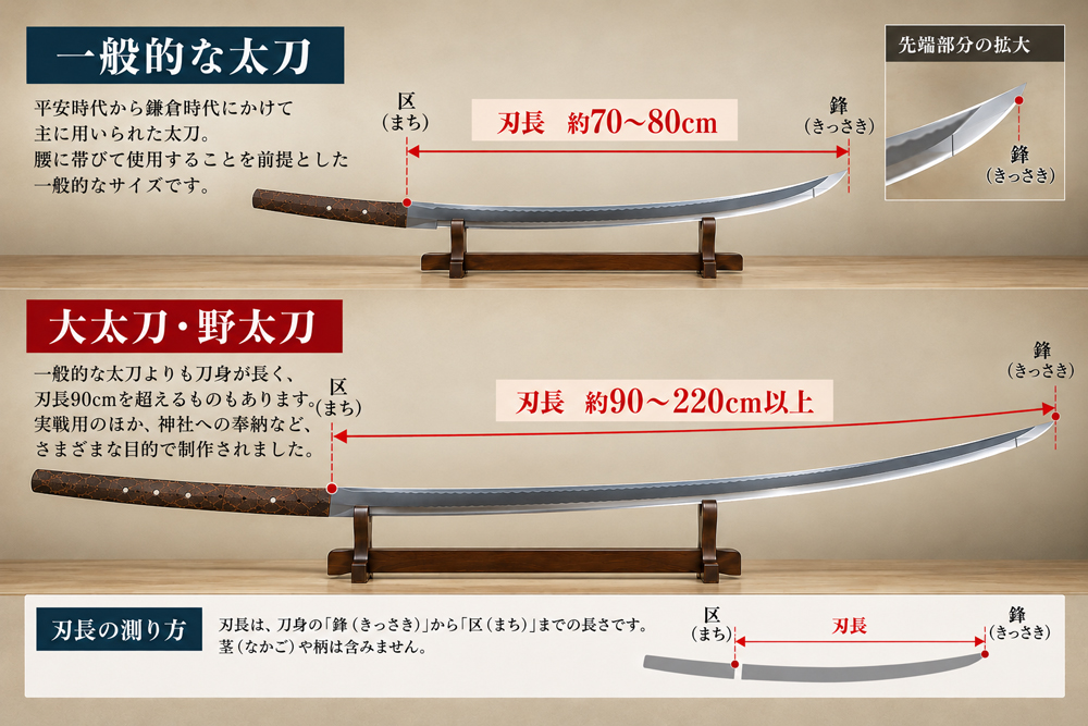 一般的な太刀と大太刀・野太刀の刃長を比較し、茎と刀身の境目にある区から鋒までの測定範囲を示した日本刀の解説イラスト