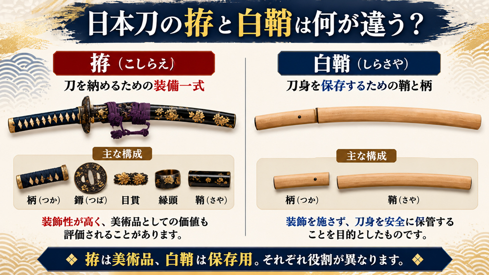 日本刀の拵と白鞘の違いを比較したイメージ