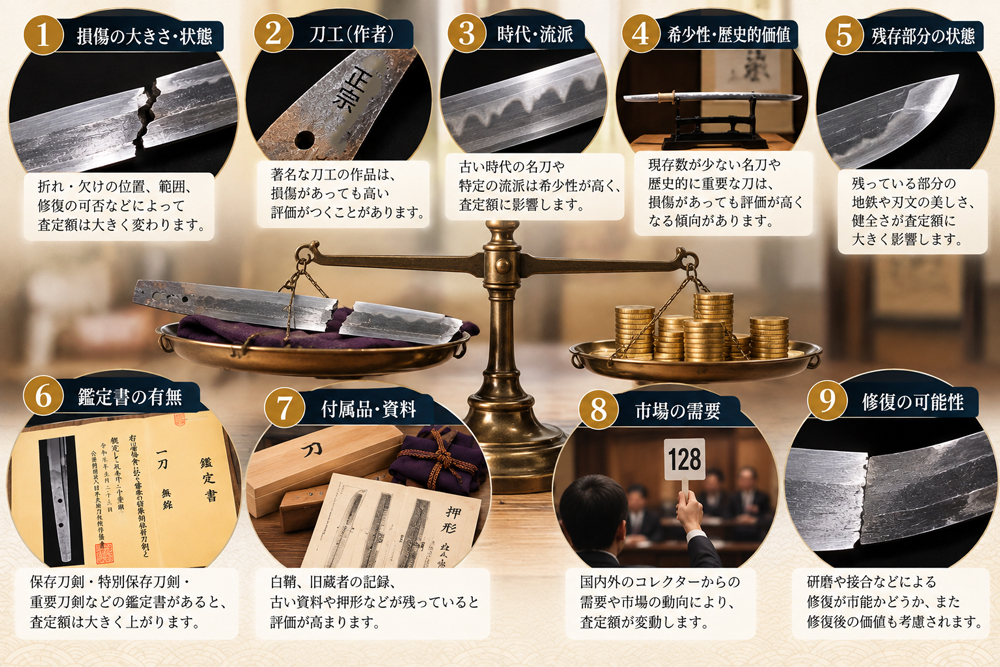 損傷の大きさや刀工、時代、鑑定書、市場の需要など、折れや欠けのある日本刀の 査定額を左右する 9 つの要素の図解