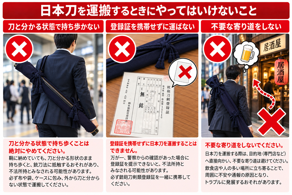 日本刀の運搬で避けるべき裸の刀や登録証忘れなどの注意点