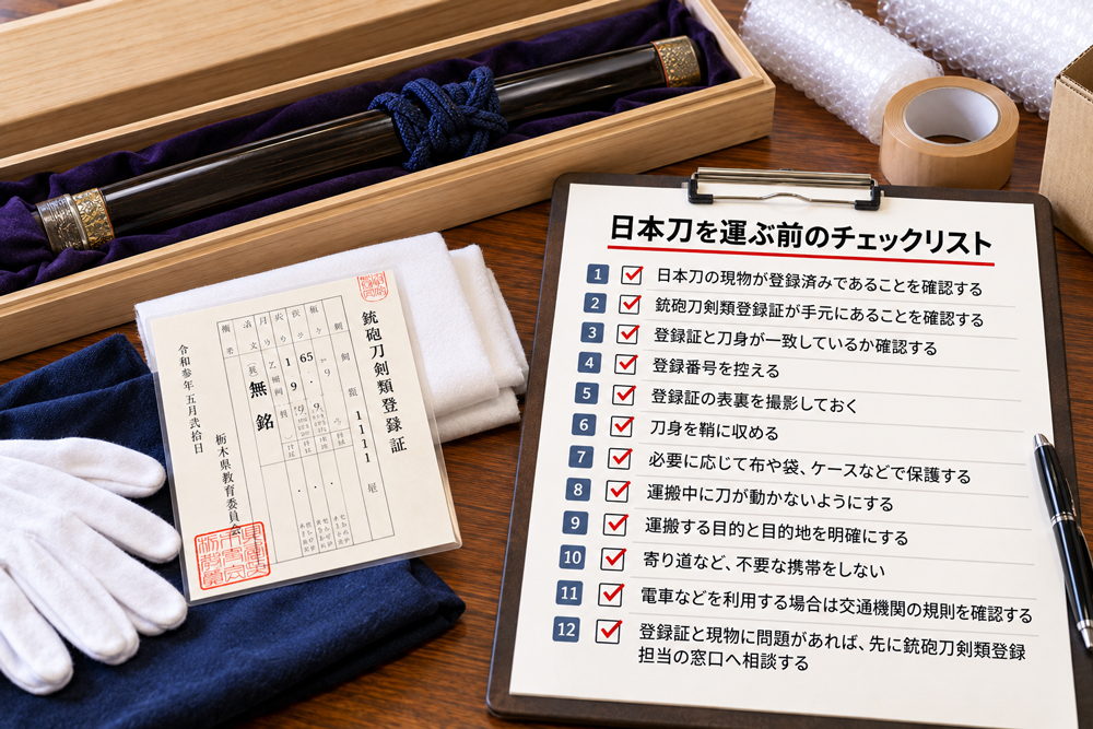 日本刀を運ぶ前に登録証や梱包状態を確認するチェックリスト