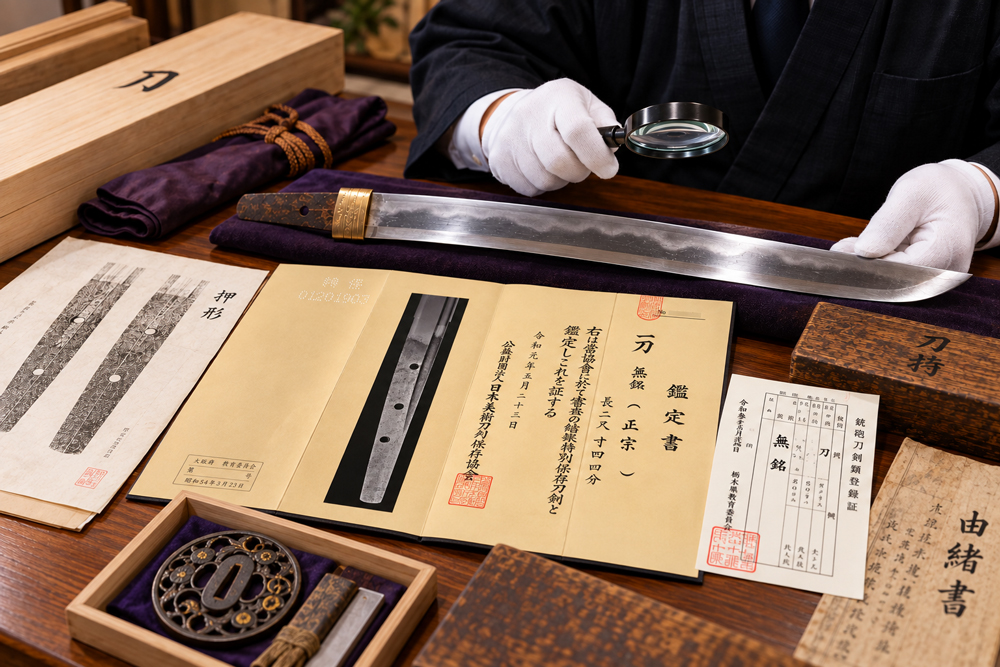折れた日本刀と鑑定書や古い押形などの資料をまとめて確認する査定イメージ
