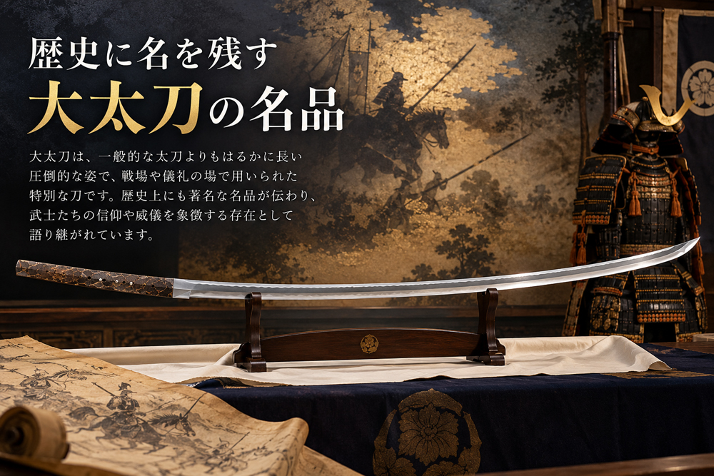 大太刀の名品と歴史的特徴を紹介する長大な日本刀のイメージ 作成して
